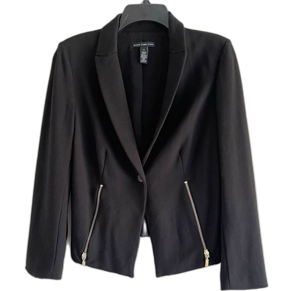 Chicos Black Label Blazer Jacket 8 Modern Moto Metallic Gold Zipper Long Sleeve